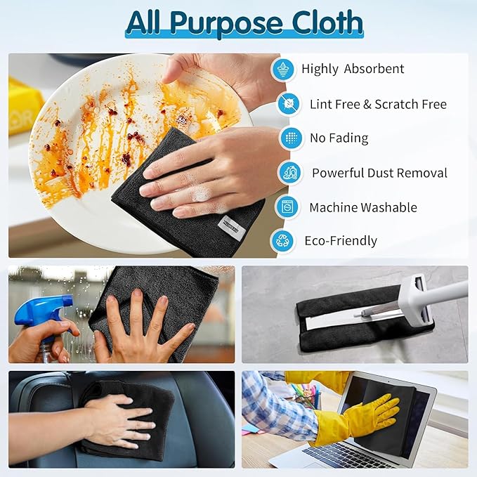 FIXSMITH Black Microfiber Cleaning Cloth -Pack of 12, Highly Absorbent Cleaning