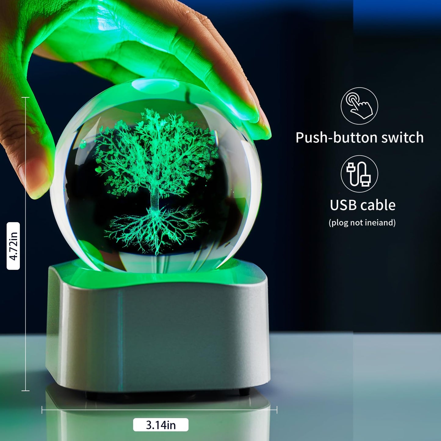 Zerelys 3D Tree of Life Crystal Ball Night Light for Women Men Boys Girls, 3.15 Inch LED Crystal Lamp with Automatic Rotating Light Led Base, Birthday Gift for Kids, Bedroom Decor with Gift Box
