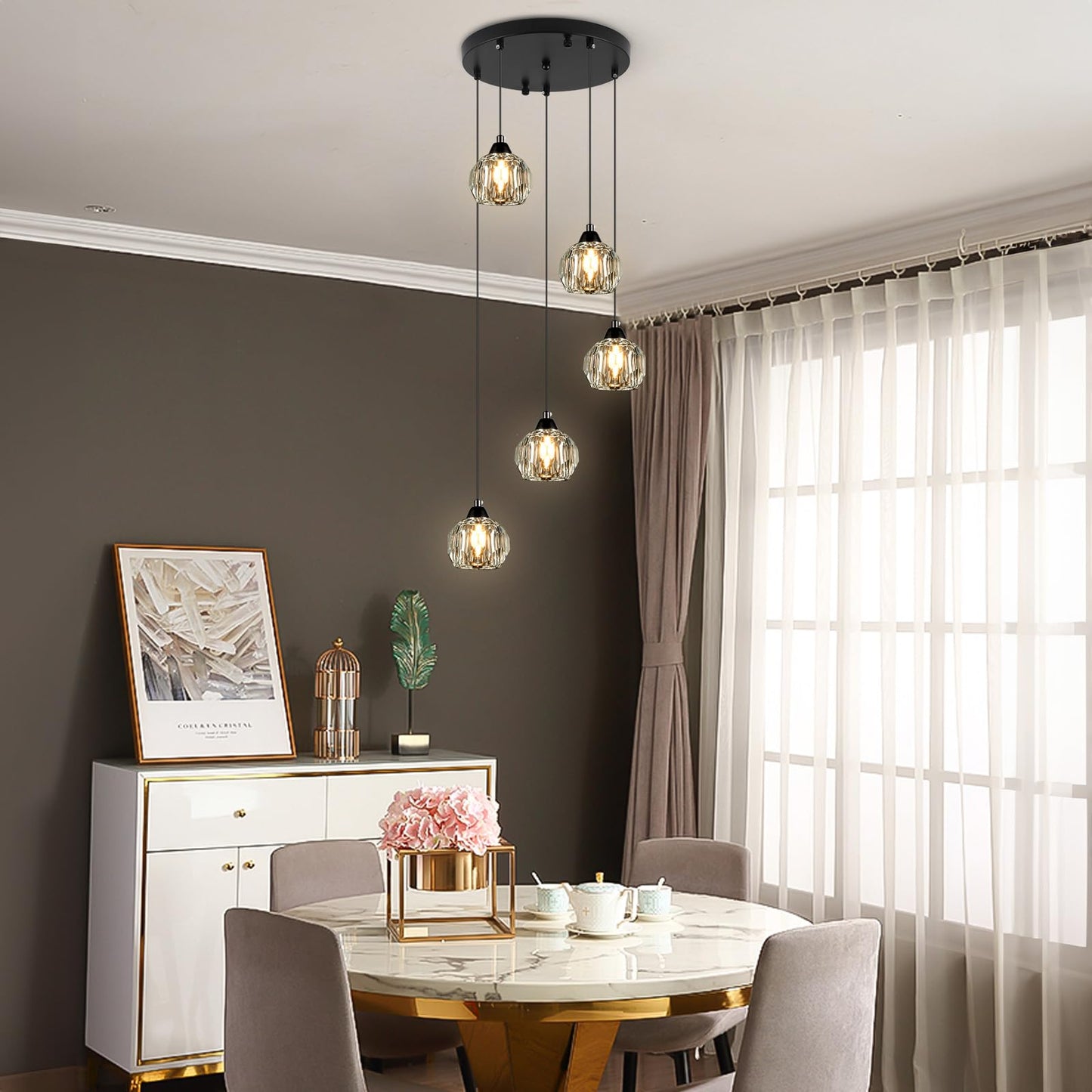 Weesalife Crystal Chandeliers for Dining Room Lights Fixture Over Table, 5-Light Black Modern Pendant Light Fixture，Crystal Chandeliers for Living Room Kitchen Island Staircases Foyer Hallway Bar