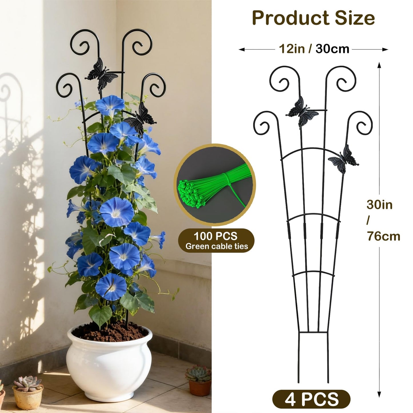 Trellis for Climbing Plants Indoor 4 Pack 30 Inch,Rustproof Metal Garden Trellis for Potted Plants,Sturdy Houseplant Support Indoor Outdoor for Ivy Pothos Monstera Hoya Flower Vine ﻿ ﻿ ﻿ ﻿