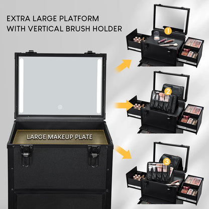 Faquenc Rolling Makeup Case with lighted mirror, Cosmetology Case on Wheels with LED Mirror, Professional Salon Trolley Cart with Drawer,Travel Makeup Lockable Beauty Organizer with Live Stream Light