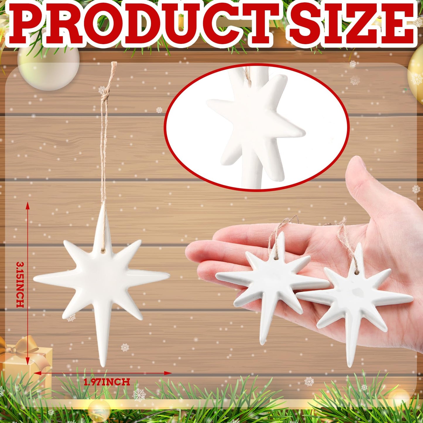 Suncalla 12 Pcs Christmas Bethlehem Star Ornament 1.97 x 3.15 White Star of Bethlehem Decoration Porcelain Ceramics Hanging Nativity Decor Accessories Sublimation Blanks Xmas Tree Topper Ornament
