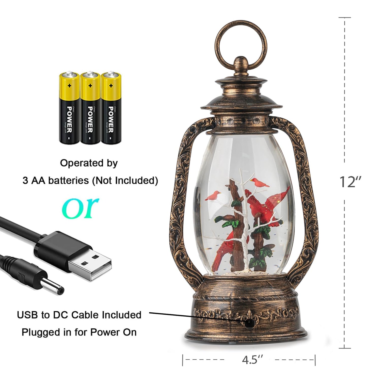 12" Christmas Snow Globe Lantern, Red Bird Music Box, Spinning Snowflake Glitter Water Lamp, USB and Battery Powered Christmas Decoration