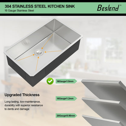 30 Inch Undermount Kitchen Sink - Beslend 30x18x10 Inch Undermount Stainless Steel Kitchen Sink 16 Gauge Single Bowl Round Corner Under Counter Basin