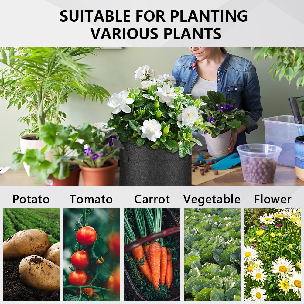Ukontagood 50 Pack Grow Bags, Black Heavy Duty Fabric Pots Nonwoven Potato Grow Bags with Sturdy Handles & Reinforced Stitching, Breathable Vegetable Flower Plant Growing Containers Bags (10 Gallon)