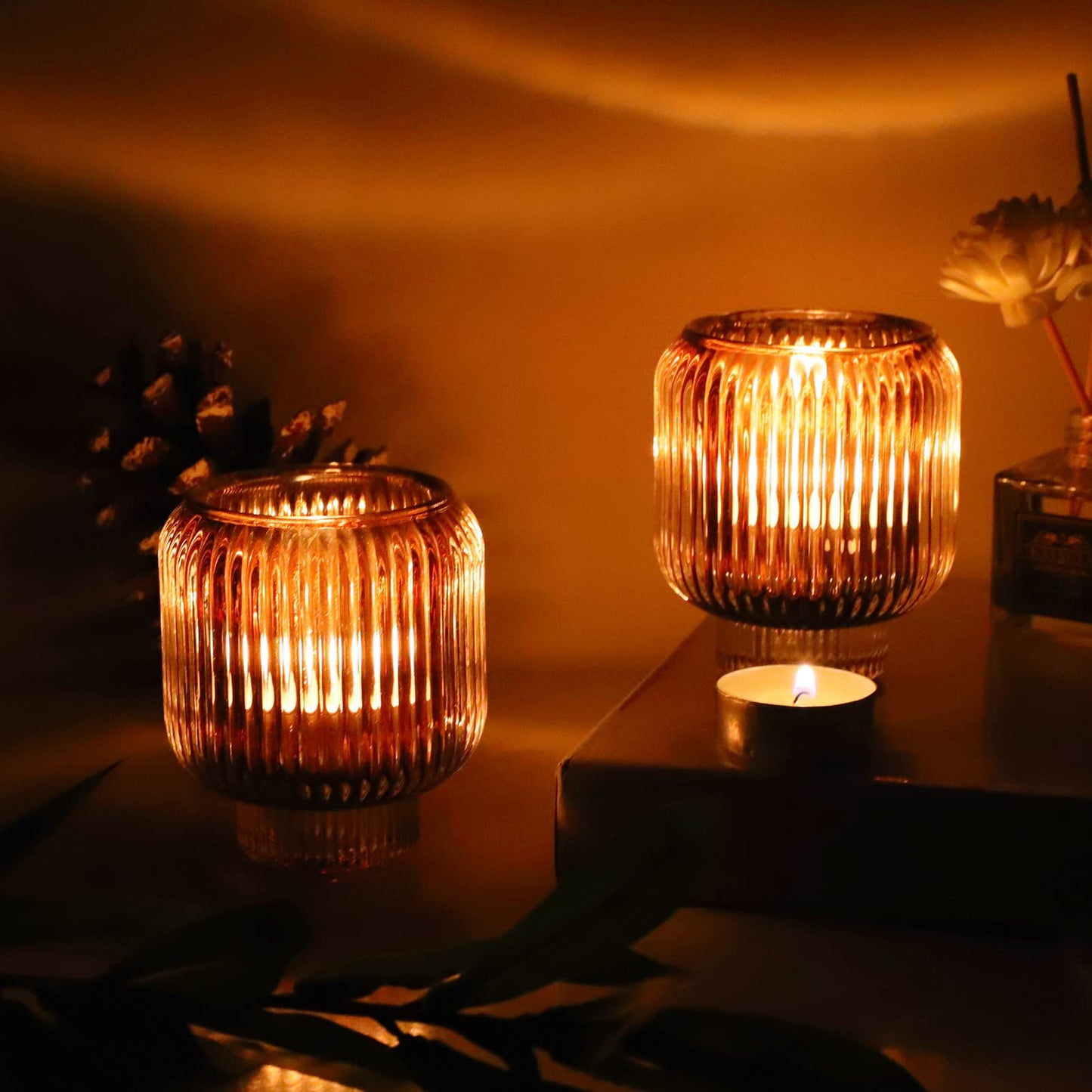 Woho Votive Candle Holders for Wedding Centerpieces, Tealight Candle Holder Set of 2, Glass Votive Candle Holder Bulk for Home Decor(Brown, 3.5'' Tall 3.1'' Diameter)