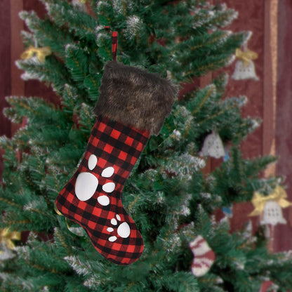 WORLDECO Christmas Stocking 2025 Ornaments, Handmade Dog Footprints Pattern Sock with Faux Fur, Xmas Winter Party Decorations Gifts, Santa Plush Decor, 20 inch, Red
