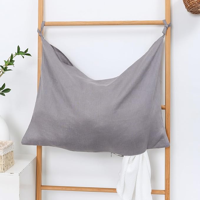 Hanging Linen Laundry Bag, 100% Pure Flax Linen Over The Door Hamper