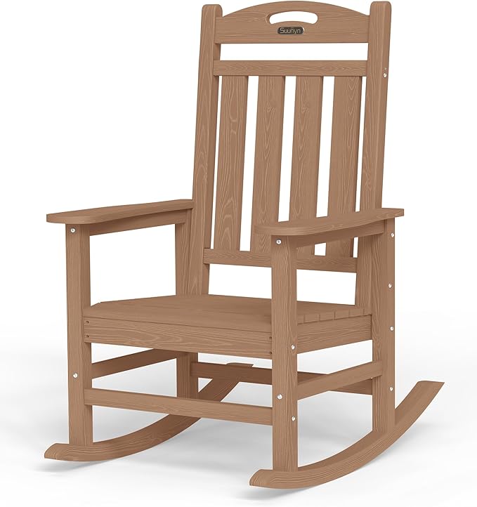 Oversized Rocking Chair Outdoor, High Back Porch Rocker Chair, HDPE All Weather Resistant Rocking Chairs for Patio, 386lbs Weight Capacity, Teak
