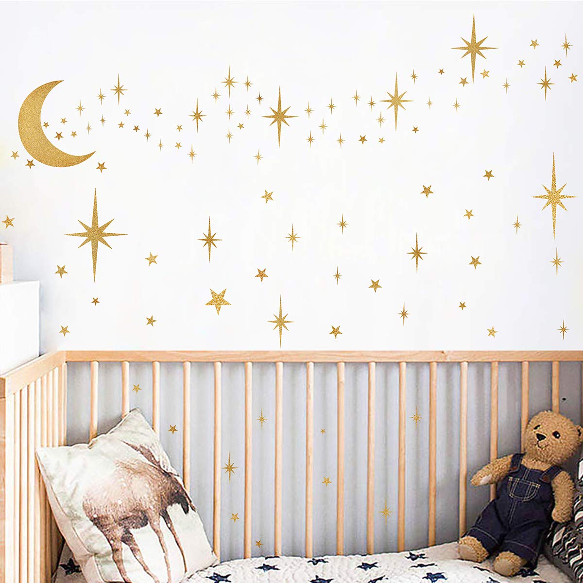 Retro Starburst Wall Decals Stars Wall Stickers Atomic Star Vinyl Decal Golden Star Moon Decals Celestial Decor Bedroom Nursery Walls Sticker Peel and Stick Sparkle Moon Art Mural Decal