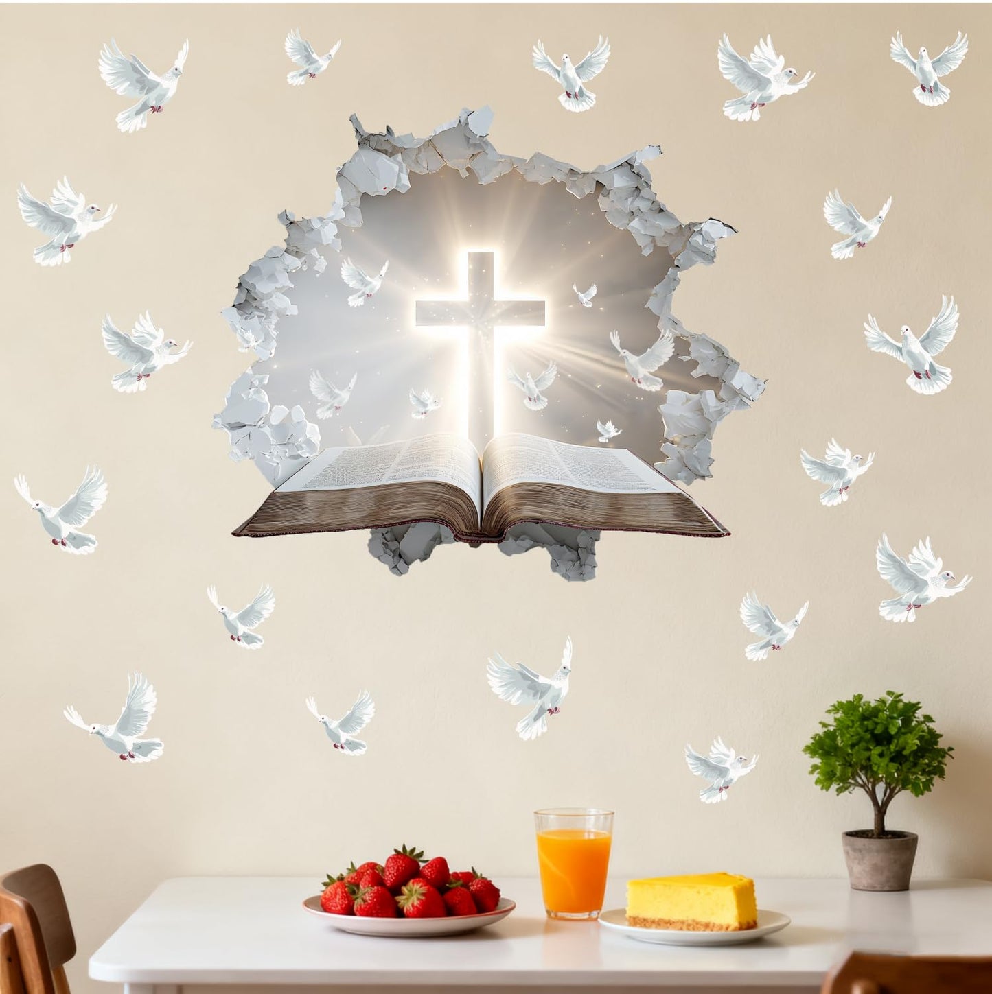 YIMEHDAN 3D Holy Cross Wall Decal, Bible and Pigeon Vinyl Wall Stickers, Removable Blessed Cross Artwork for Christian Religious Prayer Bedroom Living Room Christmas Decor