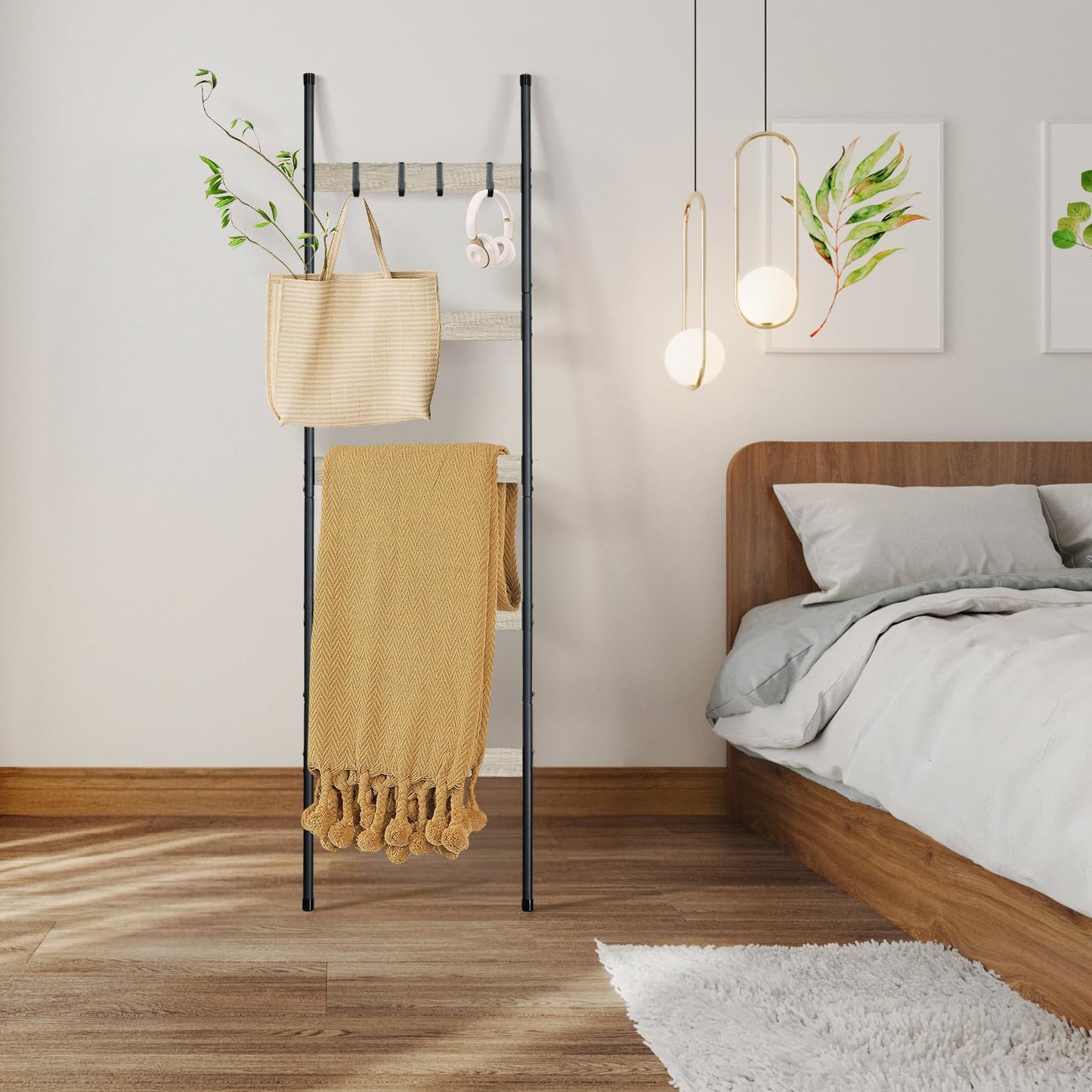 ELYKEN Blanket Ladder for Living Room, Farmhouse 5-Tier Quilt Holder with 4 Removable Hooks for Bathroom, Wood Towel Rack Display, Wall Anchor Leaning Decorative Stand for Home, White Oak