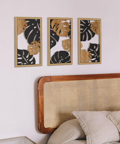 Putuo Decor Monstera Leaf Wall Art, Set of 3 Tropical Plant Aesthetic Boho Decor, Modern Black Botanical Art for Living Room Bedroom Office 16x8 Inches
