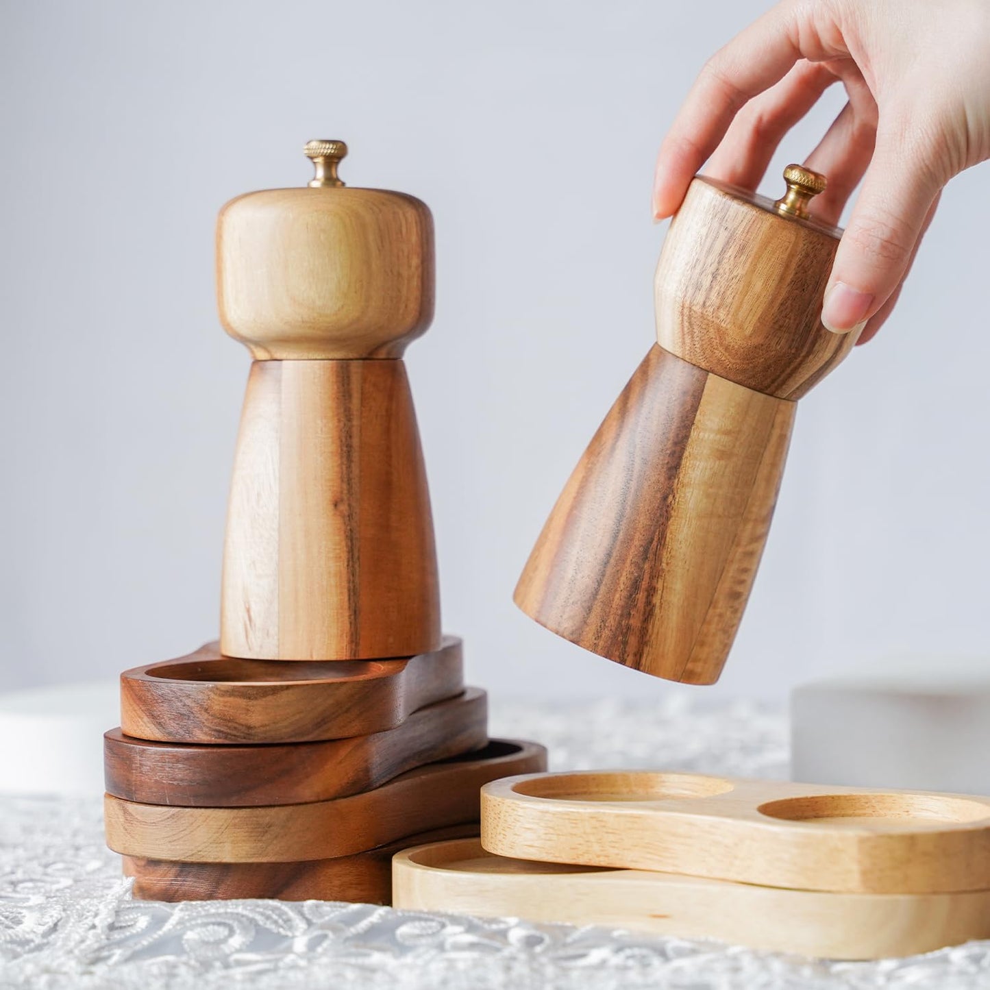 DeroTeno Salt and Pepper Grinder Set with Tray, Adjustable Ceramic Grinder Salt Mill, Stainless Steel Grinder Pepper Mill, Acacia Wood, 5 inch /14cm Height, Bottom Dia 2.36inch/6cm (Tray is Included)