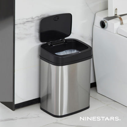 NINESTARS DZT-12-5 Bedroom or Bathroom Automatic Touchless Infrared Motion Sensor Trash Can, 3 Gal 12L, Stainless Steel Base (Rectangular, Black Lid)