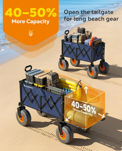 Beach Wagon with Big Wheels for Sand, 440lbs Wagons Carts Foldable with 9x4 All-Terrain Wheels, Rear Tailgate, 200L Capacity, Heavy Duty Collapsible Beach Cart for Garden Sports Camping Outdoor, Blue