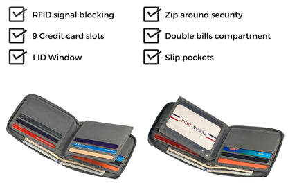 Texan Bull RFID Blocking Bifold Cowhide Leather Wallets For Men With Zipper Security | Safe Metal Zip Chain 9 Card-ID Slim Minimalist Mens Wallet (Gray)