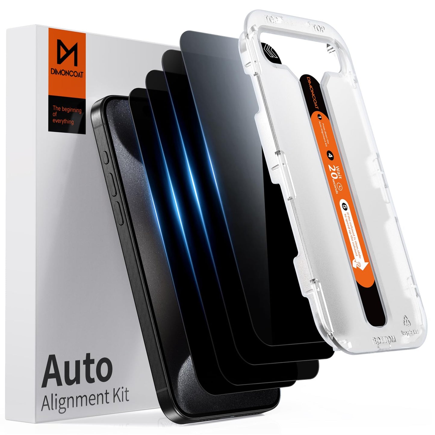 DIMONCOAT 4-PACK TOP 9H+ Glass for iPhone 15 Pro Privacy Screen Protector [Auto Alignment Kit] [10X Military Protection] UNBREAK Tempered Glass Film for iPhone 15 Pro 6.1 inch [Case Friendly]