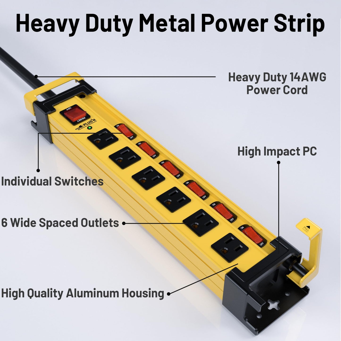 Power Strip Surge Protector 2700J with Individual Switches and Flat Plug, 3FT Heavy Duty Cord 6 Wide Spaced Outlet Mountable Metal Power Strips with Cord Manager and Hanger