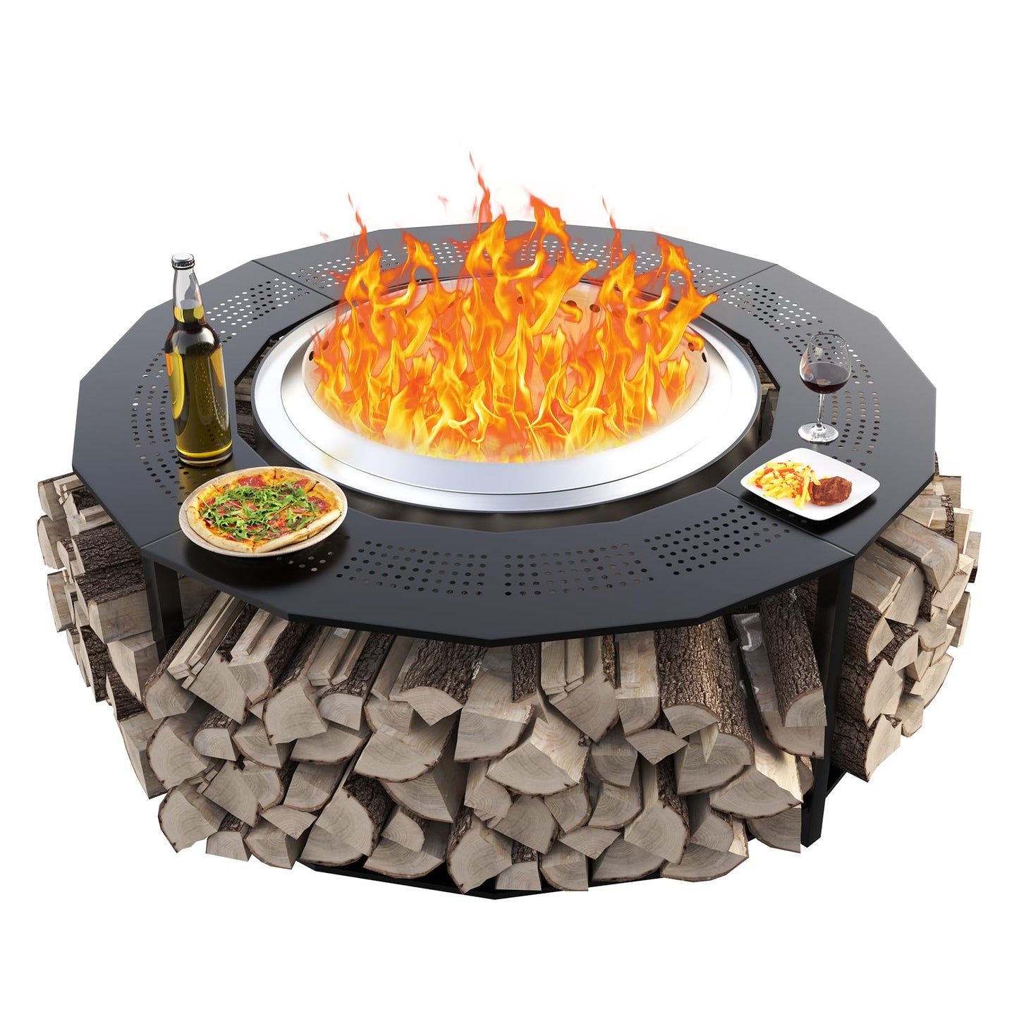 48'' Fire Pit Surround Tabletop with Cover for Solo Stove Bonfire Yukon and Tiki, Surround Table with Firewood Storage Shelf Expands Large Space