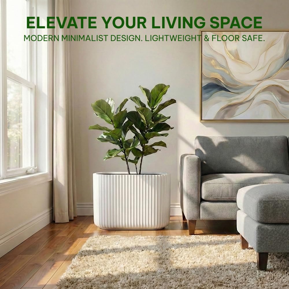 Wil & Vic 89s 15" H x 24" L Sirius Fiberglass Planter, Round Indoor and Outdoor Plant Pot with Drainage Hole, Lightweight, Durable Minimalist Home, Included Extra Coco Mats, White