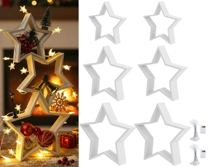 Geelin 6 Pcs Christmas Wooden Star Tabletop Centerpiece Sign with Light Strips Tape DIY Xmas Ornament for Farmhouse Fireplace Mantle Table Crafts Bookshelf Tiered Tray Decor (White)