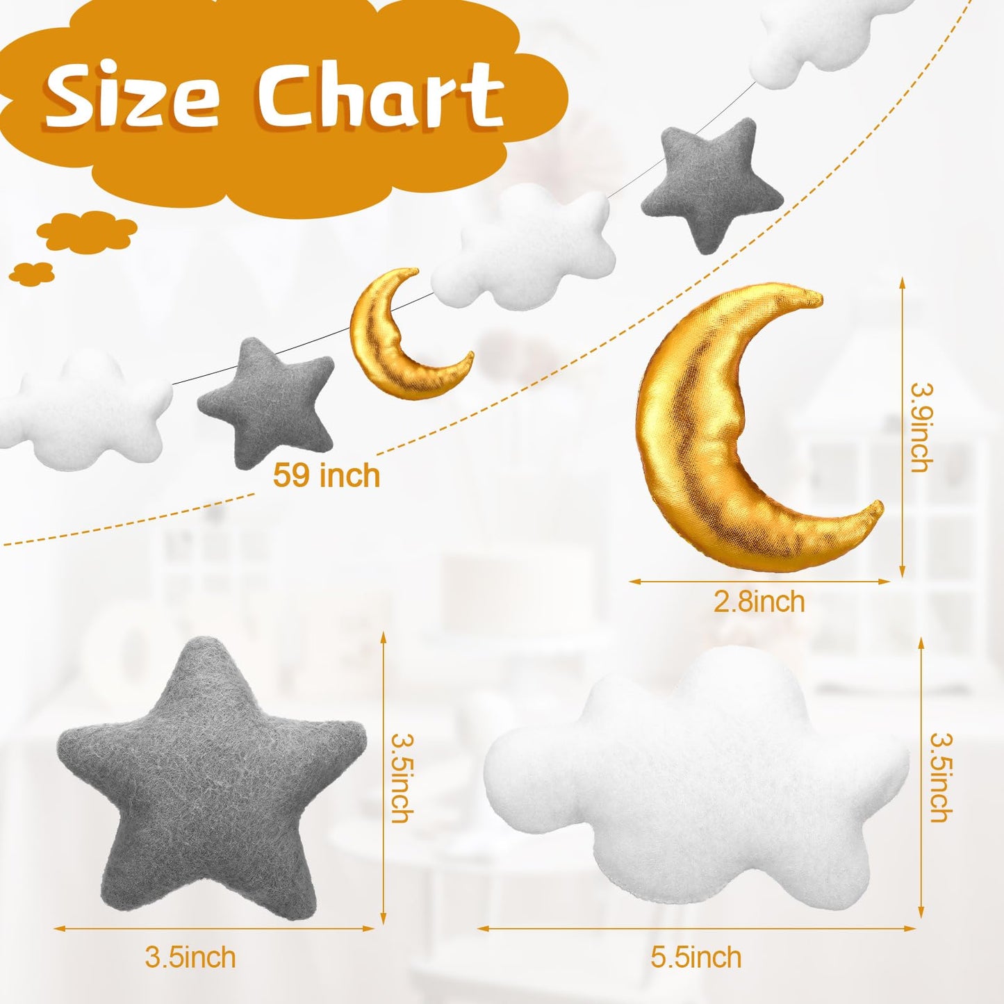 XunYee 5ft 3D Felt Cloud Decorations Hanging with Moon and Stars over The Moon Baby Shower Nursery Decor Cloud Wall Hanging Banner Garland for Wedding Gender Reveal Baby Shower Birthday Party