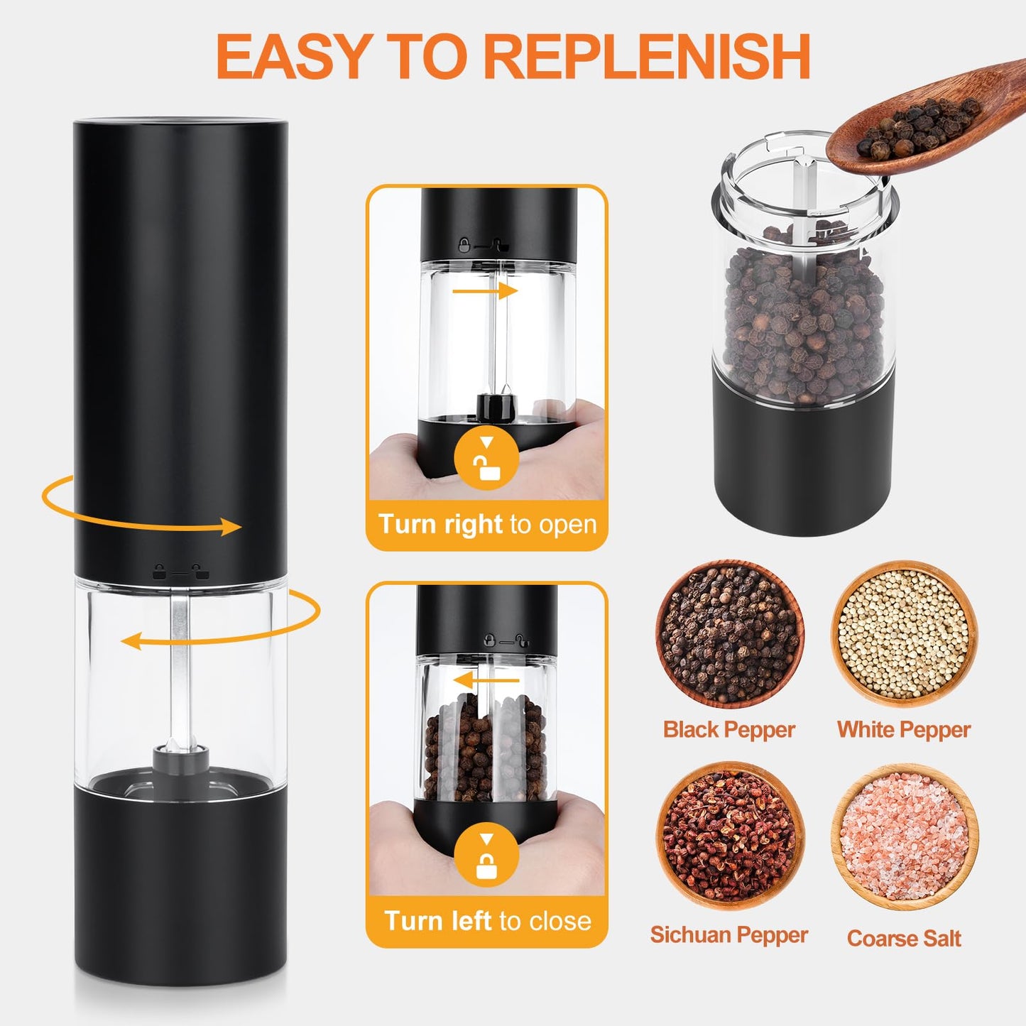 Electric Salt and Pepper Grinder Set, Rechargeable Automatic Grinders with Charging Base, Adjustable Coarseness, One-Hand Operation, Refillable Ceramic Spice Mills for Salt, Pepper and Dry Seasonings