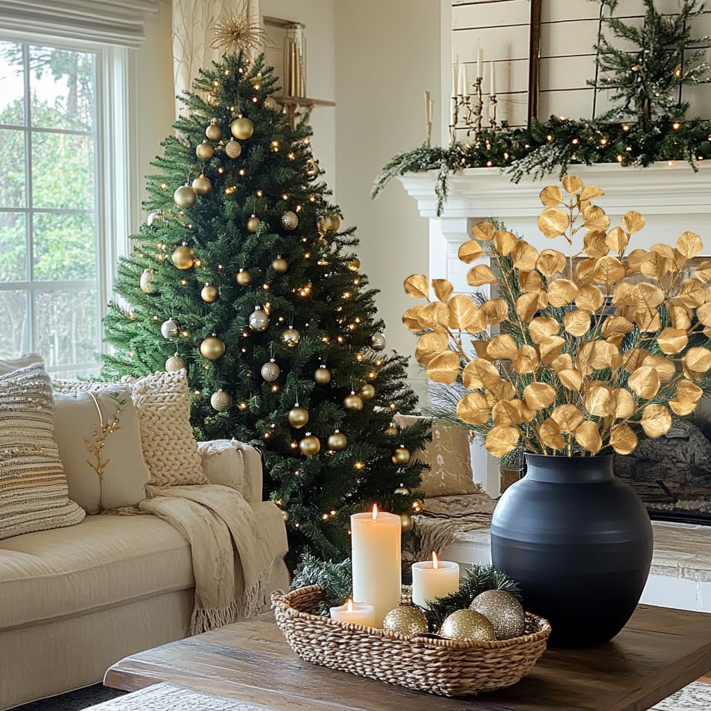 Hollyone 32” Christmas Tree Picks and Sprays 3Pcs Gold Artificial Eucalyptus Stems Eucalyptus Leaves Branches Fake Gold Leaf Floral for Vase DIY Xmas Tree Garland Wreath Centerpieces Wedding Decor