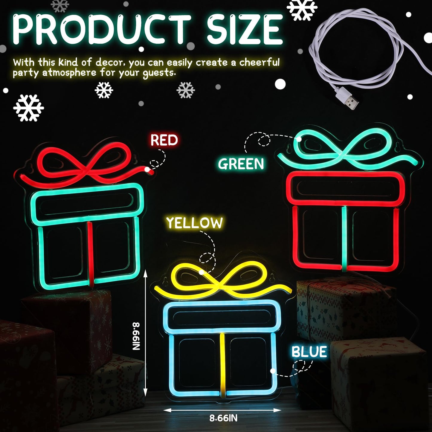 ROCEEI 3 Pcs Christmas Neon Sign, Neon Lights Gift Box LED USB Wall Bar Living Room Decor for Winter Party Holiday Night Bedroom Gifts