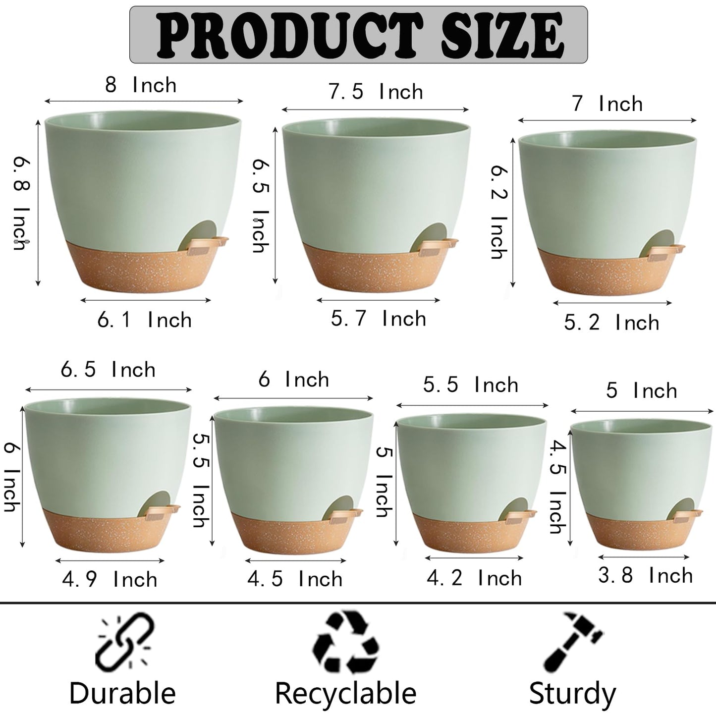 SE SUN-E Self Watering Plant Pot with Drainage Hole,Plant Pots Outdoor Flower Pots for Indoor Plants,Modern Green Plastic Self Watering Planters Succulent Pot 7pcs/Set