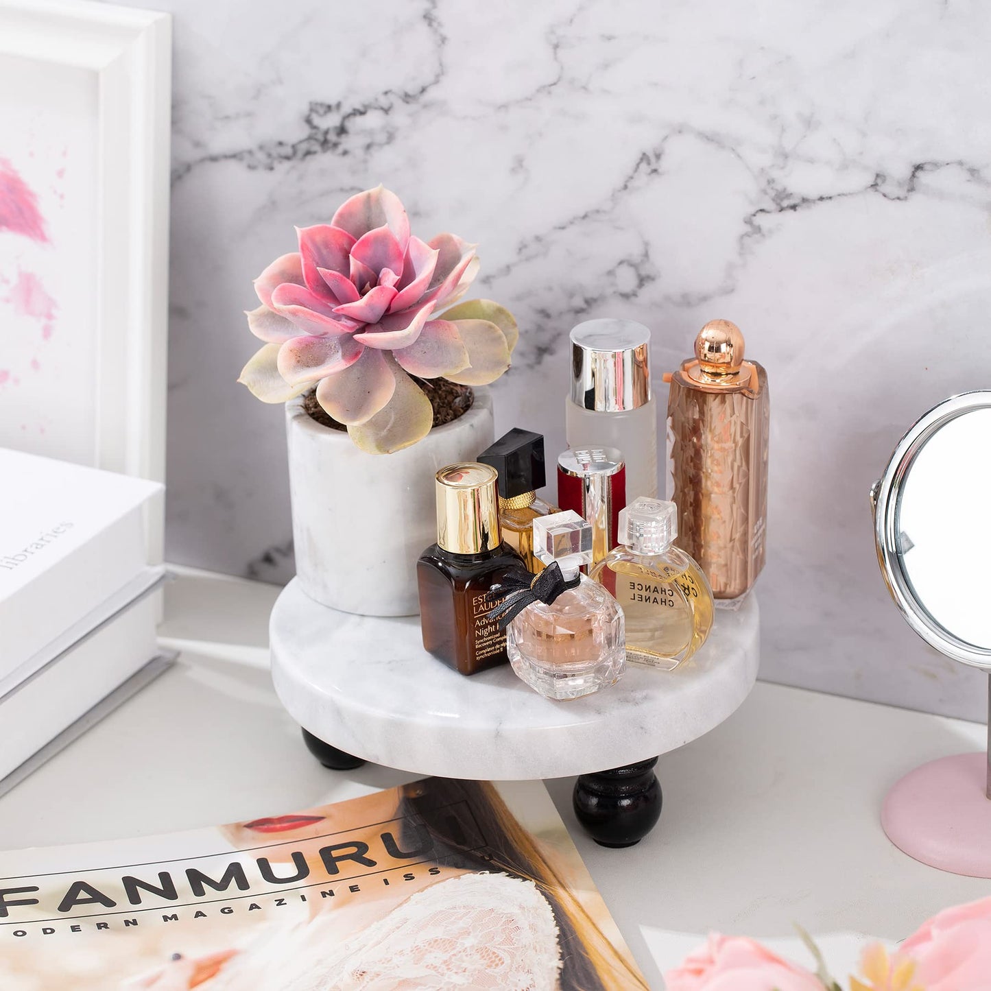 FasolaHome Decorative Marble Riser for Display - Cute Home, Bathroom, Kitchen Decor - Beautiful Pedestal Stand Uniquely Displays Your Decorations - Perfect Tray to Add Beauty