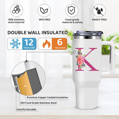 AiHeart 40oz Initial Tumbler,Personalized Gift for Women,Sister,Wife,Best Friend,Monogrammed Gifts for Birthday, Christmas,Custom Tumbler,Cute Tumblers with Straws-K