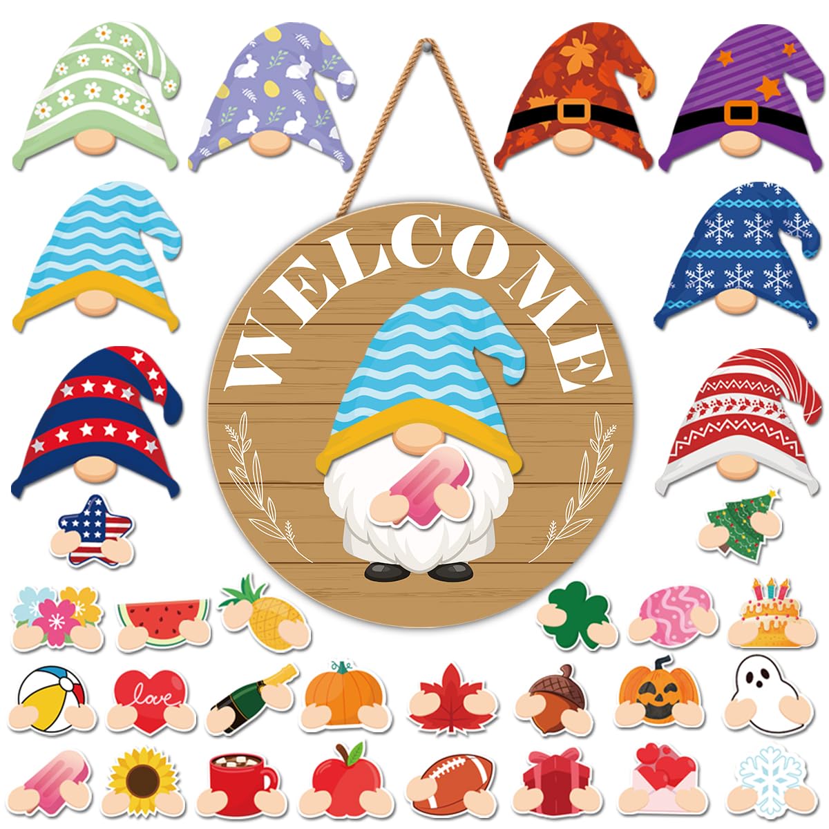 Interchangeable Gnome Welcome Sign Summer Patriotic 4th of July Porch Decor, Changeable Wooden Gnomes Front Door Decoration Wreath Hanger for Spring Fall Winter All Seasons Holiday, Fulvous