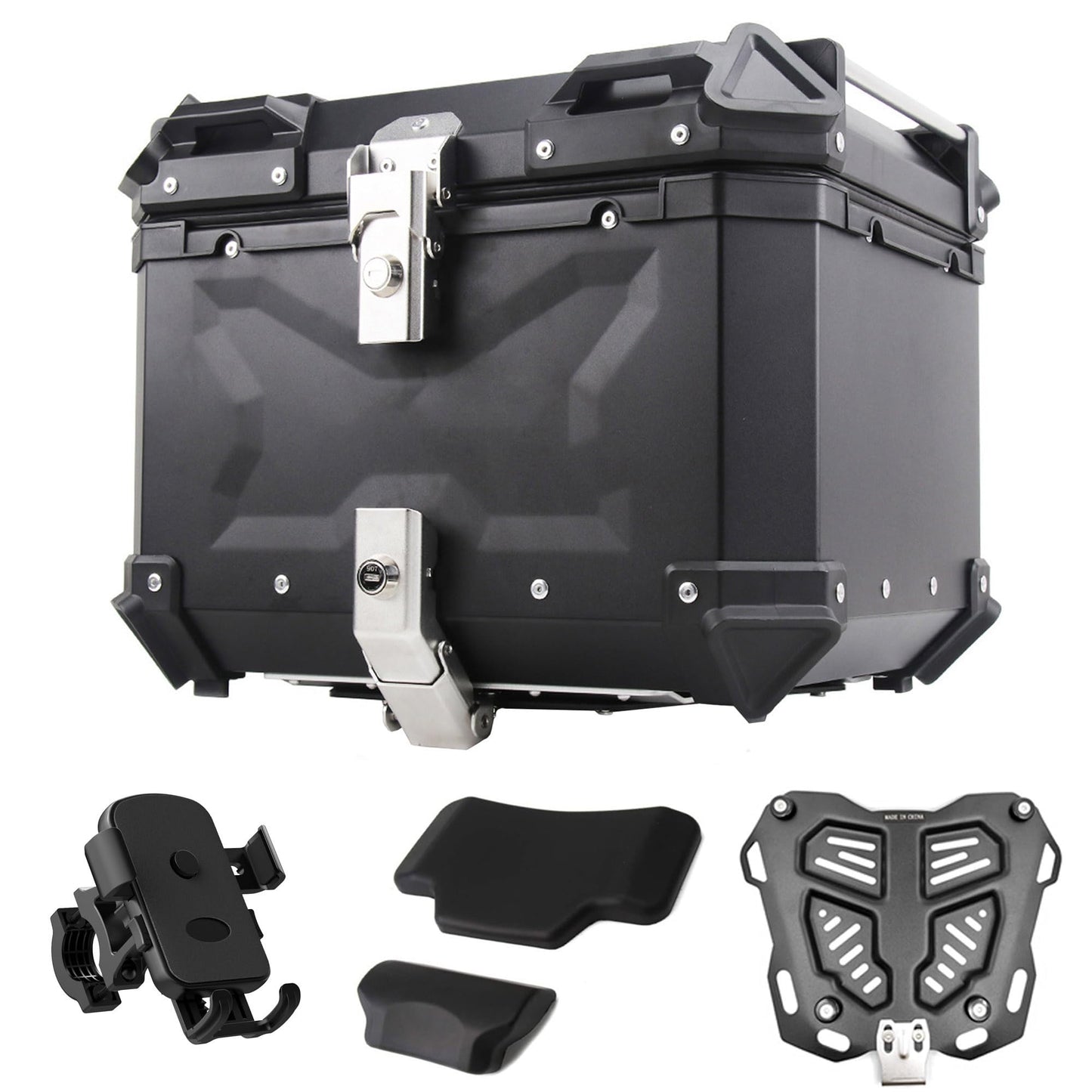 iproods 45L Motorcycle Top Case, Aluminum Alloy Universal Motorcycle Tail Box with Backrest ＆ Phone Mount Holder, Dual-key Storage Luggage Trunk (Black, 45L)