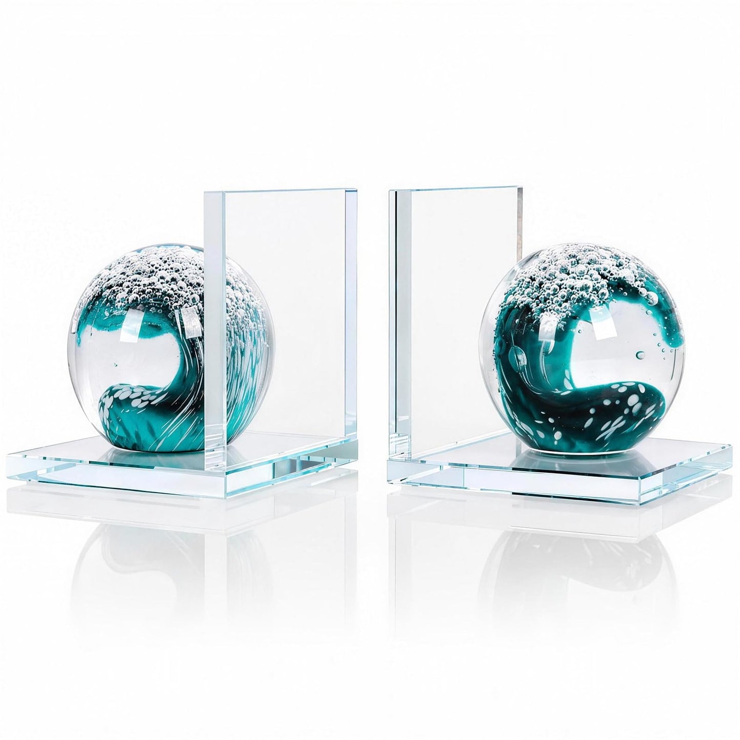 Glass Book Ends Set of 2, L-Shaped Bookends with Sea Wave Ball Design – Non Skid Heavy Duty Decorative Book Stopper for Shelves, Desk, and Home Office