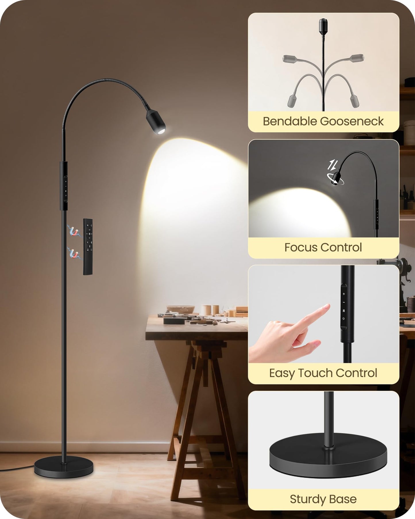 GOEBLESON Reading Floor Lamp, 74.2" Tall LED Lamp, with 360° Flexible Gooseneck & Touch & Remote Control, Ajustable Color & Beam, Crafts Standing Lamp, for Reading, Task Craft, Living, Black WB16LD05