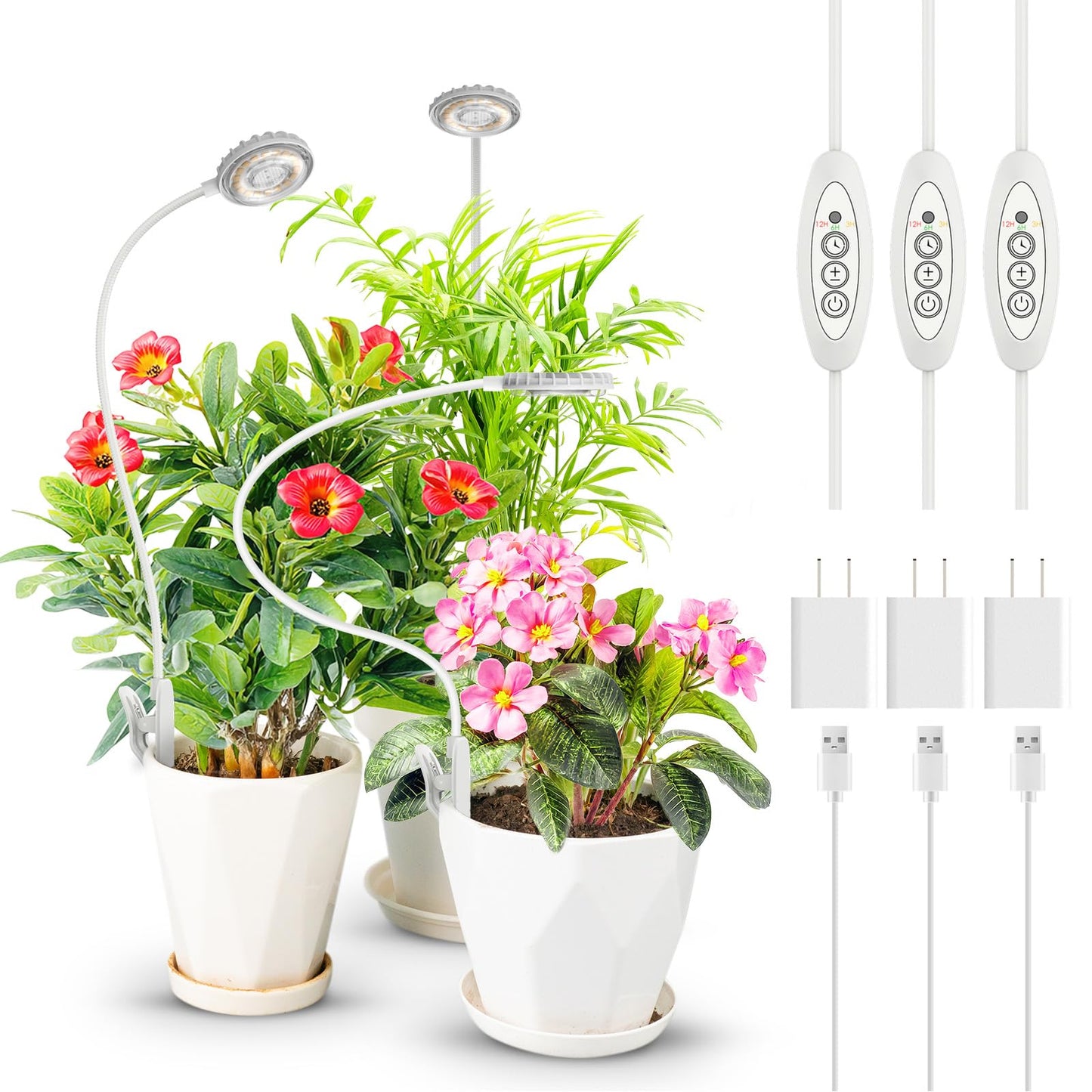 SANSI Upgraded Grow Lights for Indoor Plants, Full Spectrum Pot Clip LED Plant Light for Indoor Growing with Auto On/Off Timer 3/6/12H, 4 Dimmable Brightness, Ideal for Small Indoor Plants, 10W 3 Pack
