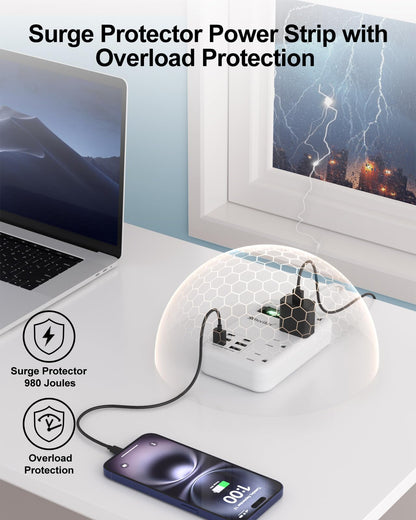 6 USB(2 USB C) Purple Travel Power Strip- 5Ft Lavender Extension Cord with 24W USB Charging Station and 4 Outlets, Purple Desk Accessories with Surge Protector for Cute Kawaii Office Dorm Room