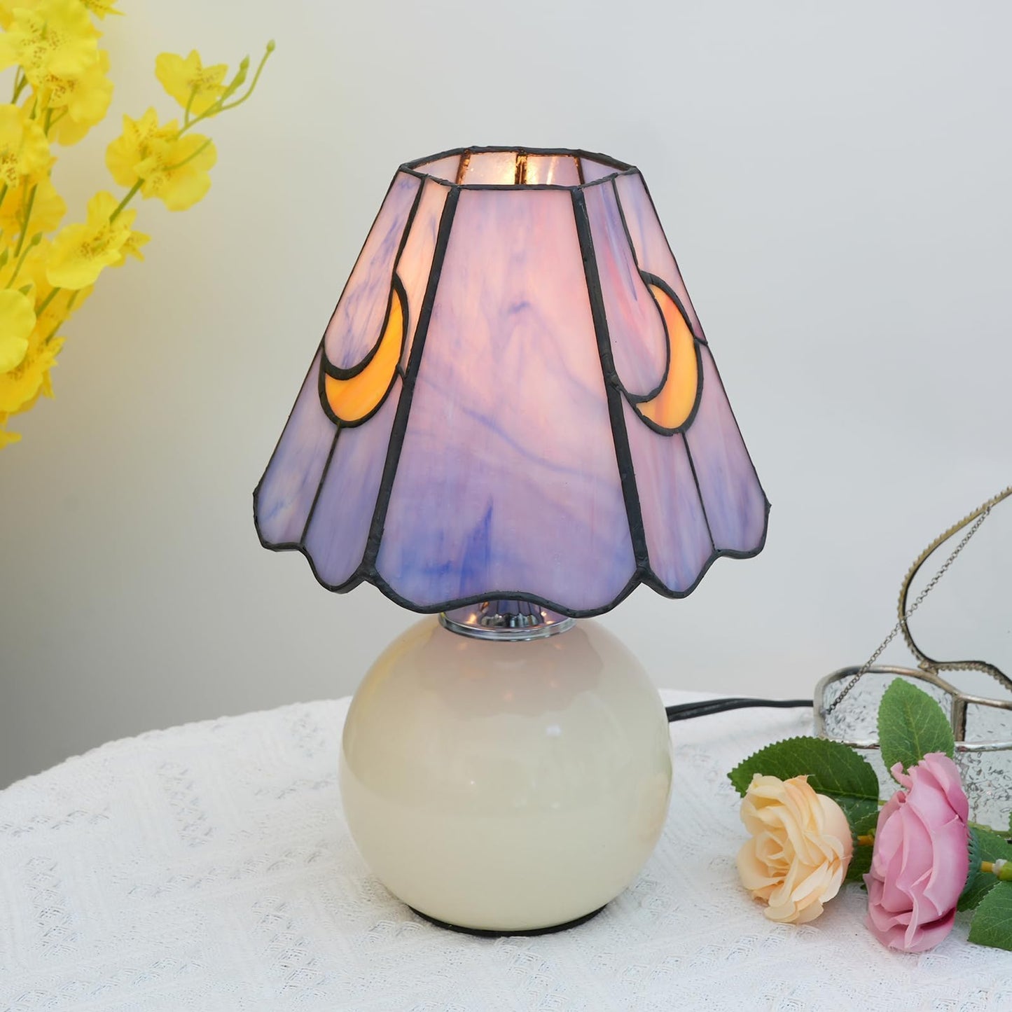 KIPHEPI Tiffany Style Bedside Table Lamp Stained Glass Moon Mushroom Lamp for Bedroom Small Nightstand Lamps for Home Decor Living Room Bedroom Study Nursery Dorm,Purple