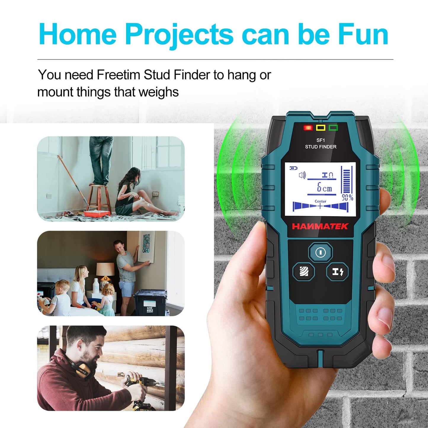 HANMATEK Stud Finder SF1 Wall Scanner 4 in 1 Electronic Stud Sensor with Depth Tracker, Unit Change, for Wood, Metal, Cables, Circuits Detect in Walls