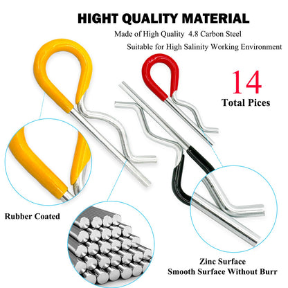 14Pcs Heavy Duty Hitch Pins Clip R Clips Spring Retaining Wire Hair Pins Cotter Pin Strong Spring Rubber-Coated Grip R Clip for Trailer Tractors Mower Carts Truck Pin Clip 3Sizes M3x60 M3.5x75 M4x90