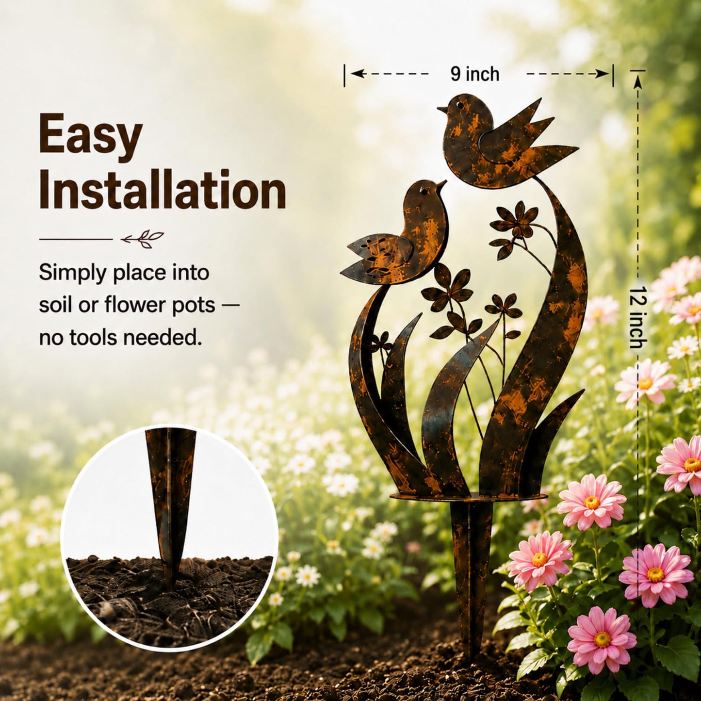 XTGXTG Bird & Wildflower Metal Garden Stake, Rustic Outdoor Yard Art Decor, Weatherproof Decorative Garden Stake for Lawn, Patio, Flower Beds, Planters & Walkways, Gift for Garden Lovers (1 Pack)