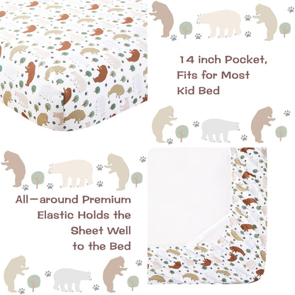 lasoftan Kids Sheet Set Twin Size, Twin Sheet Set with Forest Bear Pattern，Breathable Silky Soft Microfiber Kids Fitted Sheet