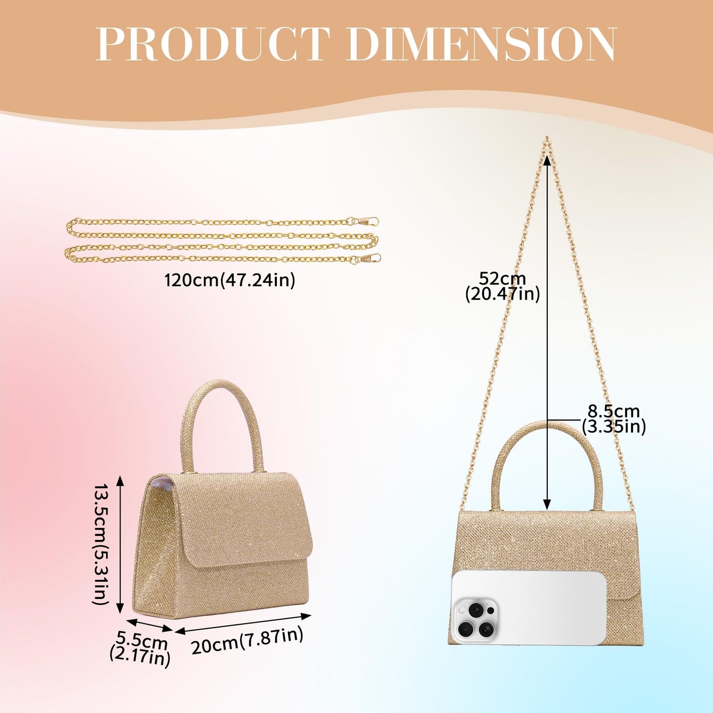 Larcenciel Women's Clutches, Sparkly Champagne Gold Handbags for Women w/Detachable Chain, Top Handle Evening Clutch Bag, Elegant Crossbody Purse Shoulder Bag for Party Prom Wedding, 20x5x13cm