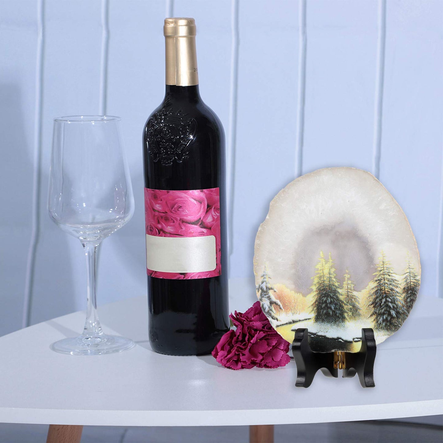 mookaitedecor Natural Agate Slice Art Print Forest Pattern Table Display with Wooden Stand, Irregular Agate Geode Stone Figurine for Office & Home Decoration