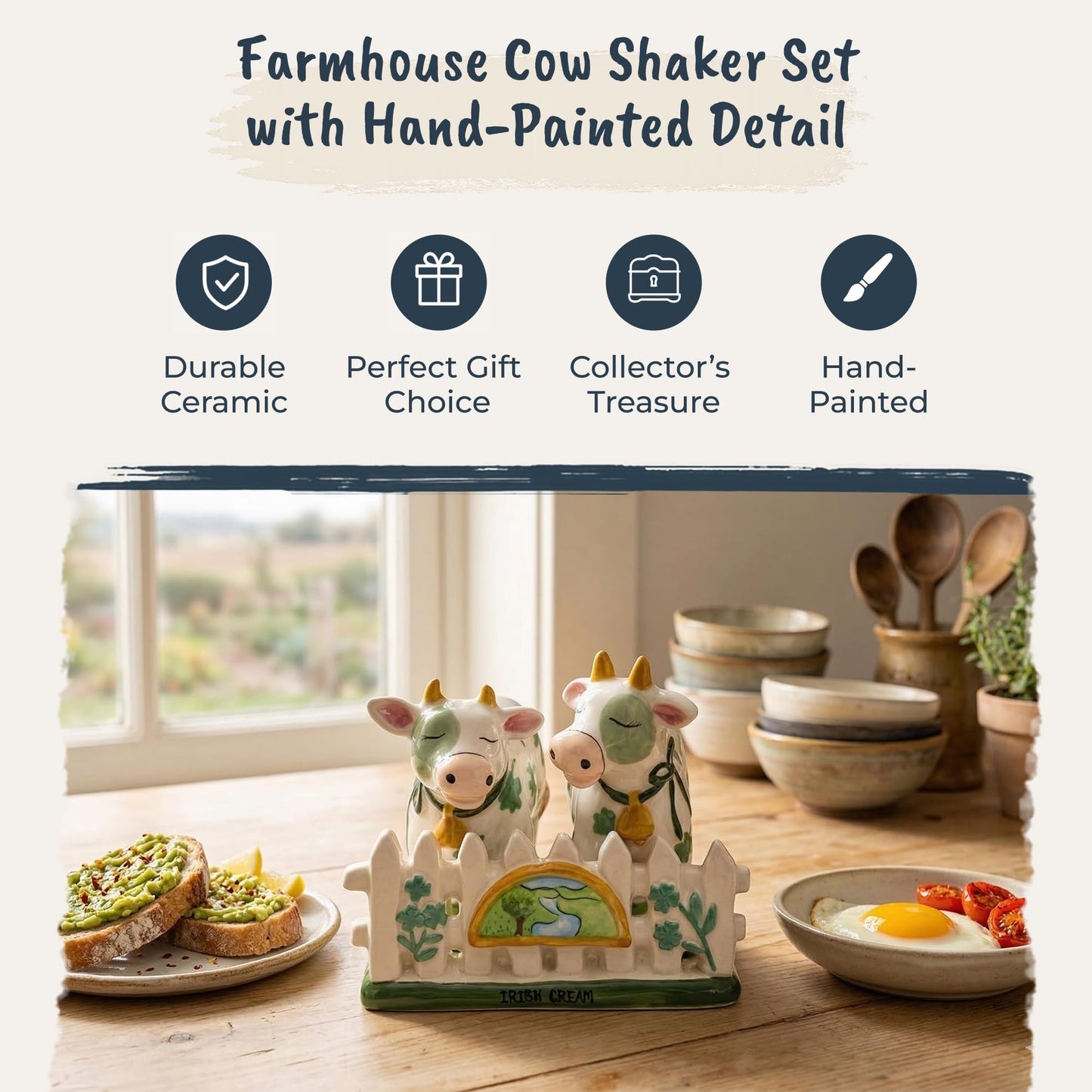Blue Sky Clayworks Cow Salt and Pepper Shaker Set with Dish, 7"L x 4.5"W x 3.5"H