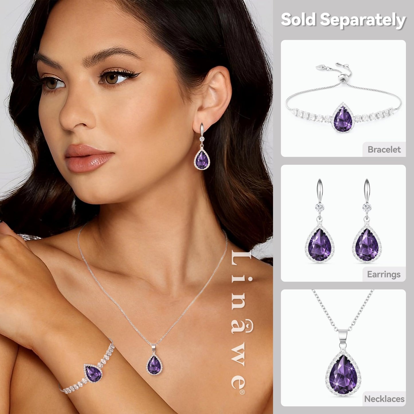 Linawe Silver Purple Dangle Earrings, Amethyst Crystal, Imitation Diamond Drop Chandelier Earrings for Women Trendy, Rhinestone Teardrop Dangly Earrings, Wedding Jewelry Set