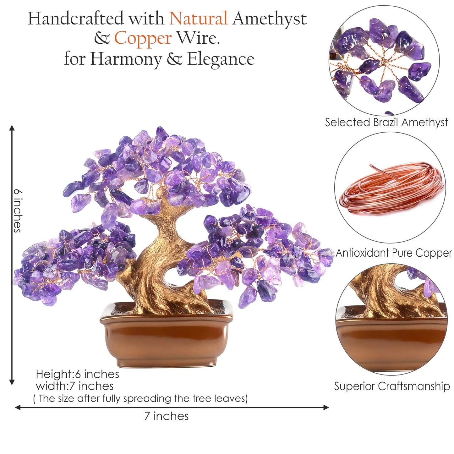 MASGEMES Amethyst Crystal Tree Bonsai – Handmade Tree of Life with Natural Amethyst Gemstones – Feng Shui Money Tree Chakra Healing, Spiritual Growth & Positive Energy Decor Gift 6 Inches