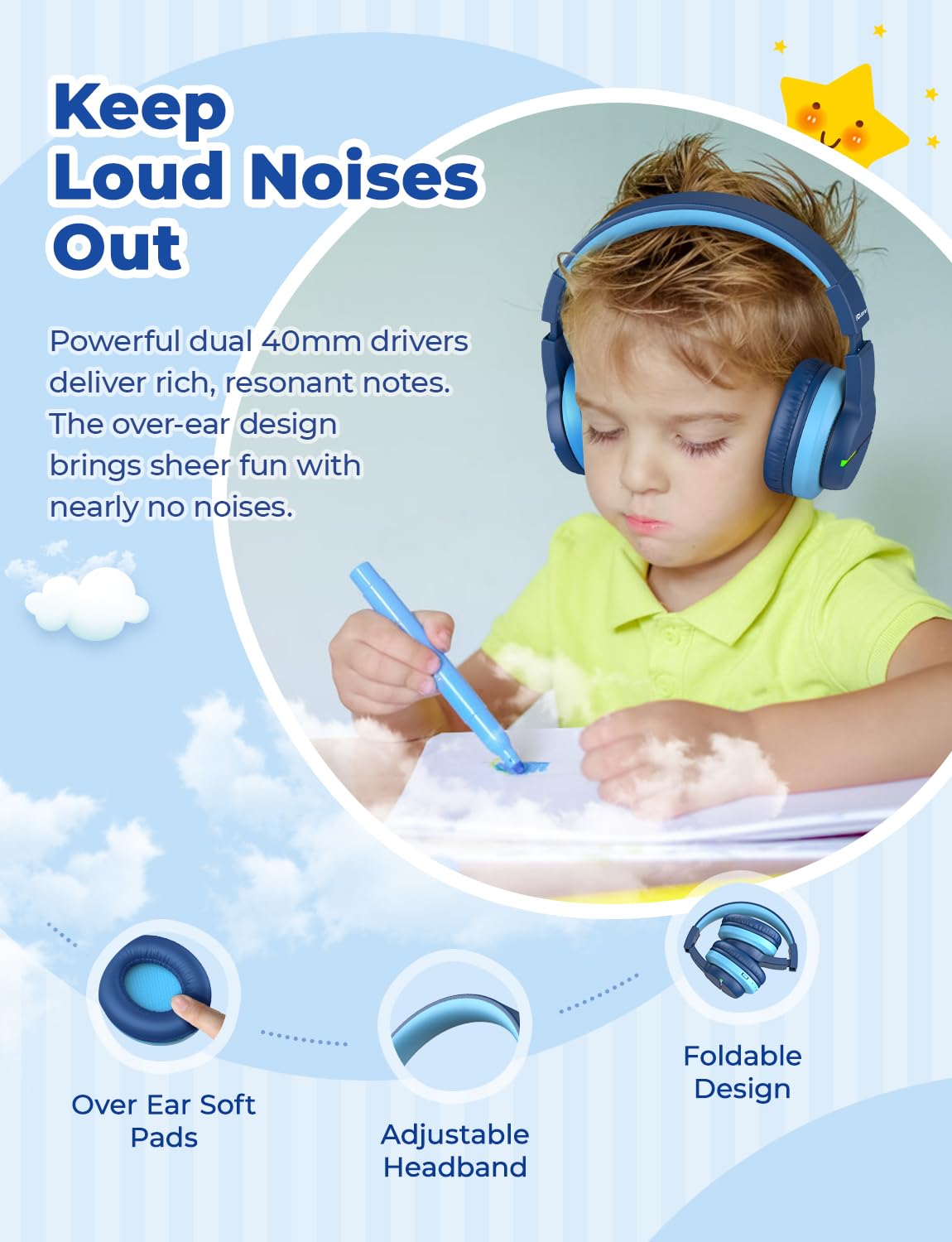 iClever BTH12 Kids Bluetooth Headphones,Colorful LED Lights Kids Headphones Wireless,74/85dBA Safe Volume,85H Playtime,Fast Charging,Bluetooth 5.2,Over Ear,Built-in Mic for iPad/Tablet/Airplane,Blue